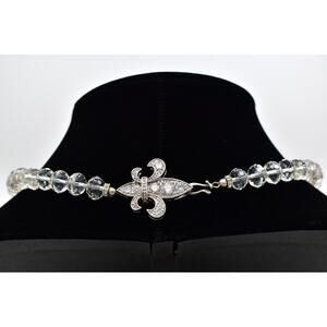 Vintage 925 Crystal Collar Necklace Fleur De Lis Faceted Beaded Signed BinBE